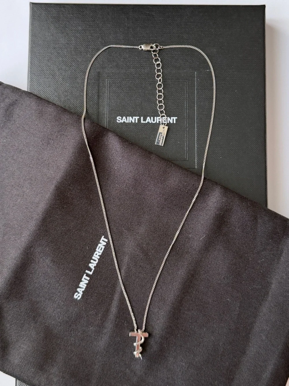 Saint Laurent YSL Sterling Silver T Initial Letter Snake Pendant Chain Necklace